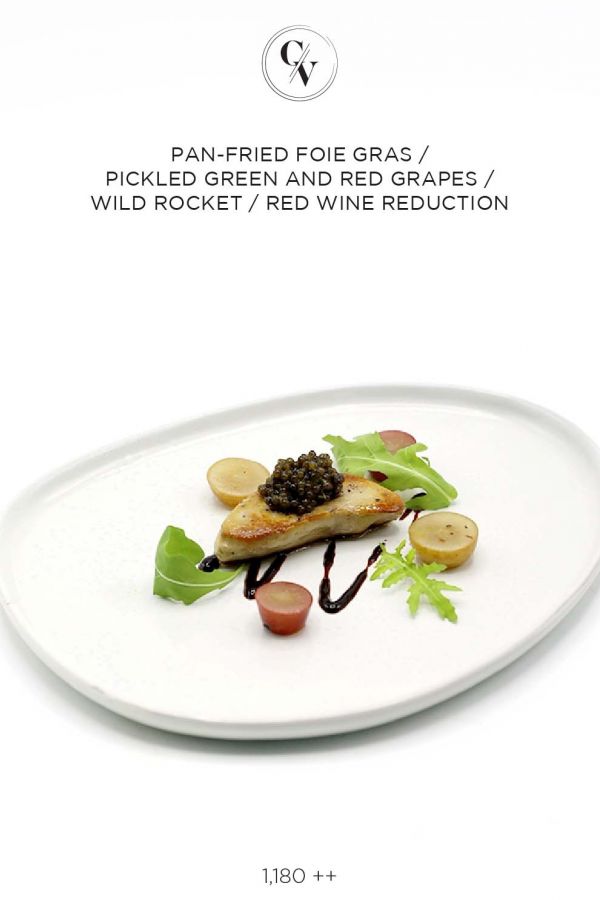 Caviar Cafe : PAN-FRIED FOIE GRAS / PICKLED GREEN AND RED GRAPES /  WILD ROCKET / RED WINE REDUCTION
