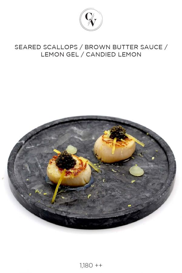 Caviar Cafe : SEARED SCALLOPS/ BROWN BUTTER SAUCE /  LEMON GEL / CANDIED LEMON